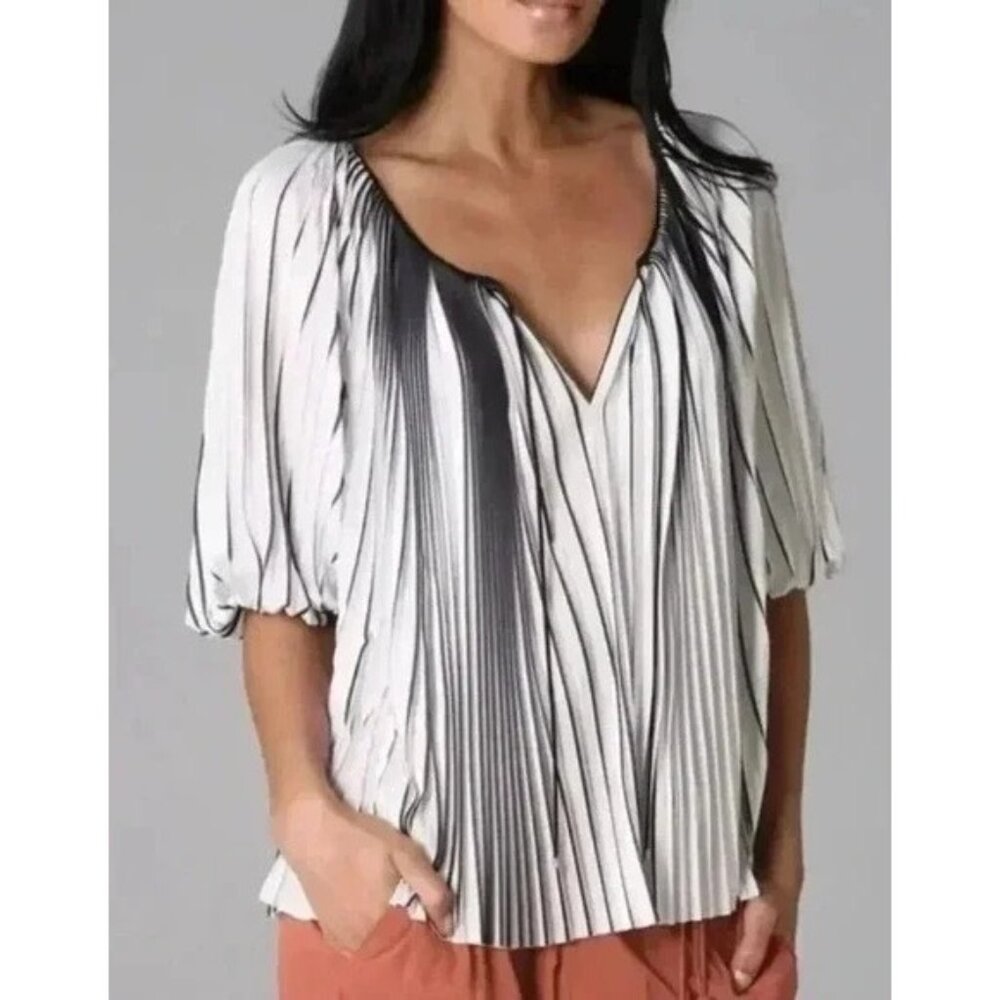 Diane Von Furstenburg Keoni White Black Pleated Peasant Blouse Womens Size 8